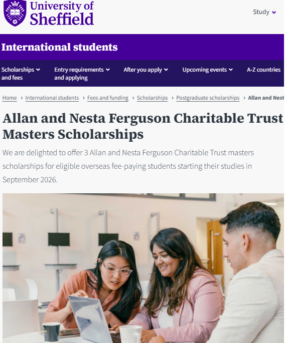 THÔNG TIN HỌC BỔNG TOÀN PHẦN BẬC THẠC SĨ TẠI ĐẠI HỌC SHEFFIELD (VƯƠNG QUỐC ANH) NĂM 2026