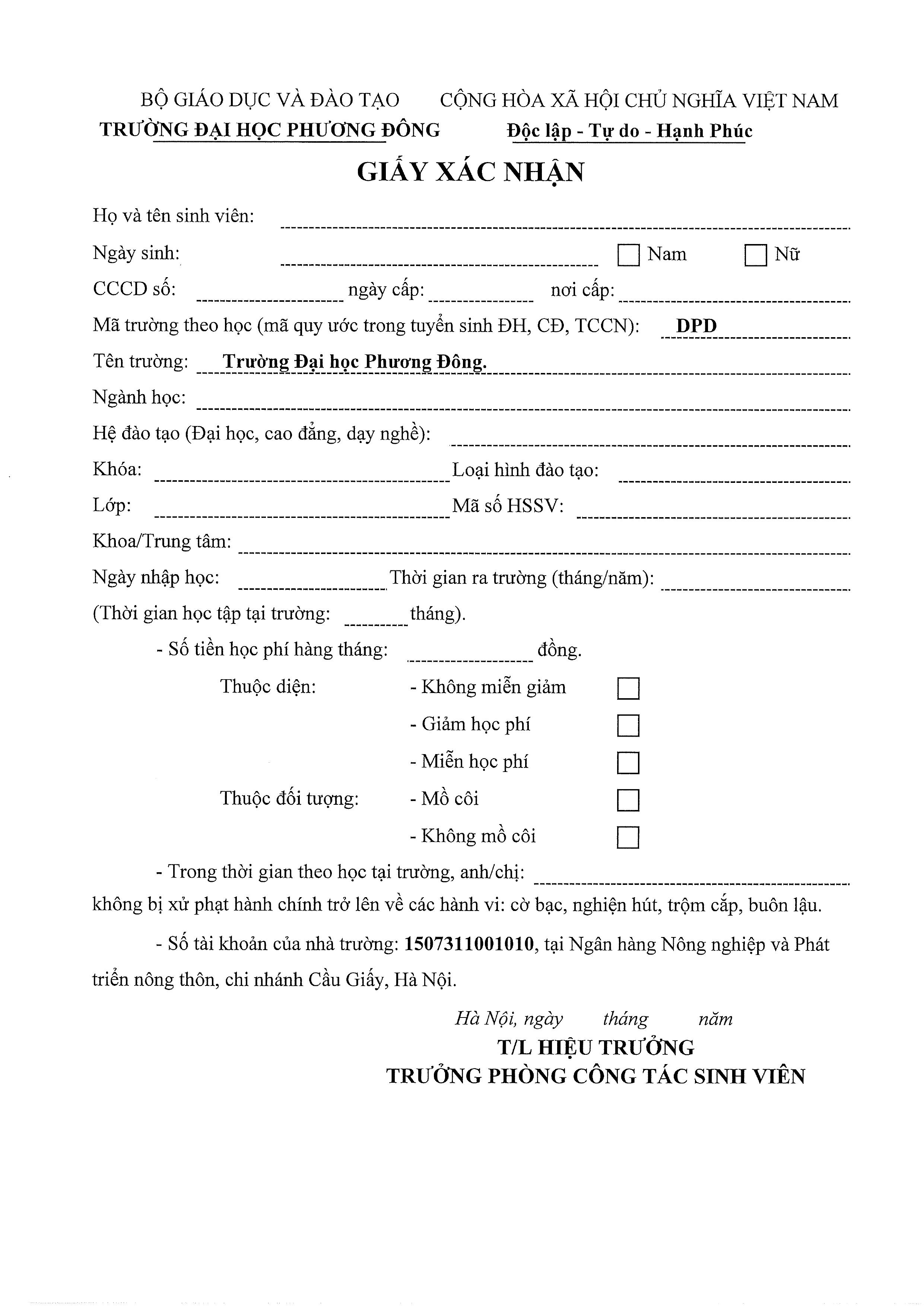 MẪU VĂN BẢN XÁC NHẬN SINH VIÊN ĐỂ VAY VỐN TẠI NGÂN HÀNG CHÍNH SÁCH XÃ HỘI ĐỊA PHƯƠNG