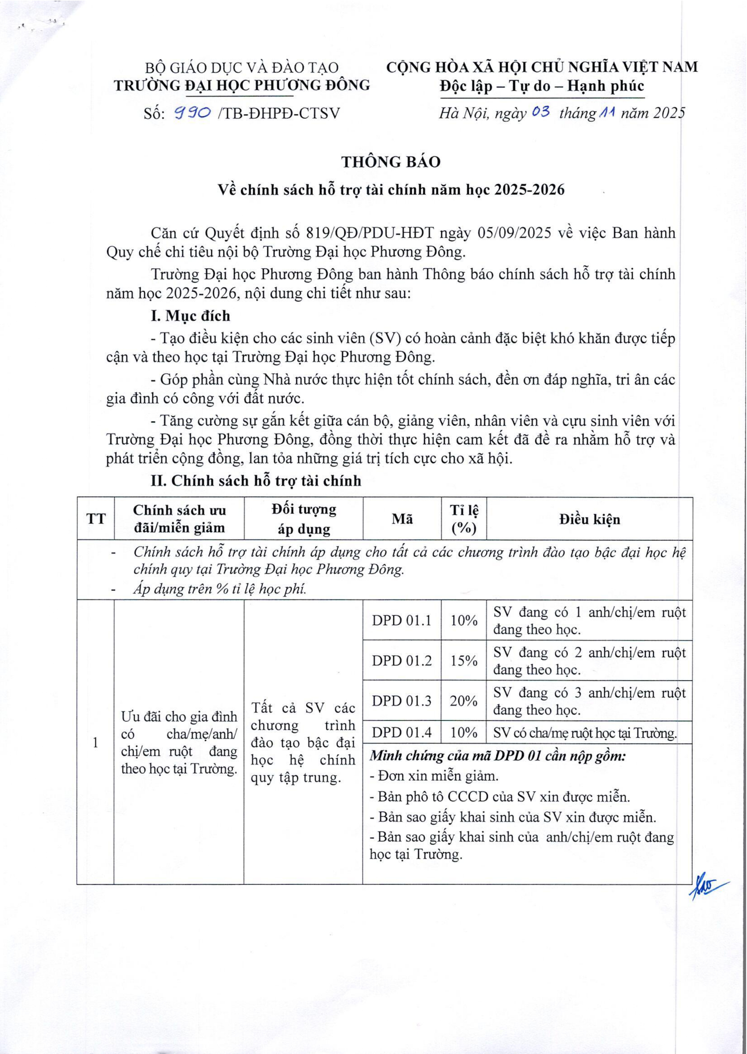 Thông báo chính sách hỗ trợ tài chính năm học 2025-2026